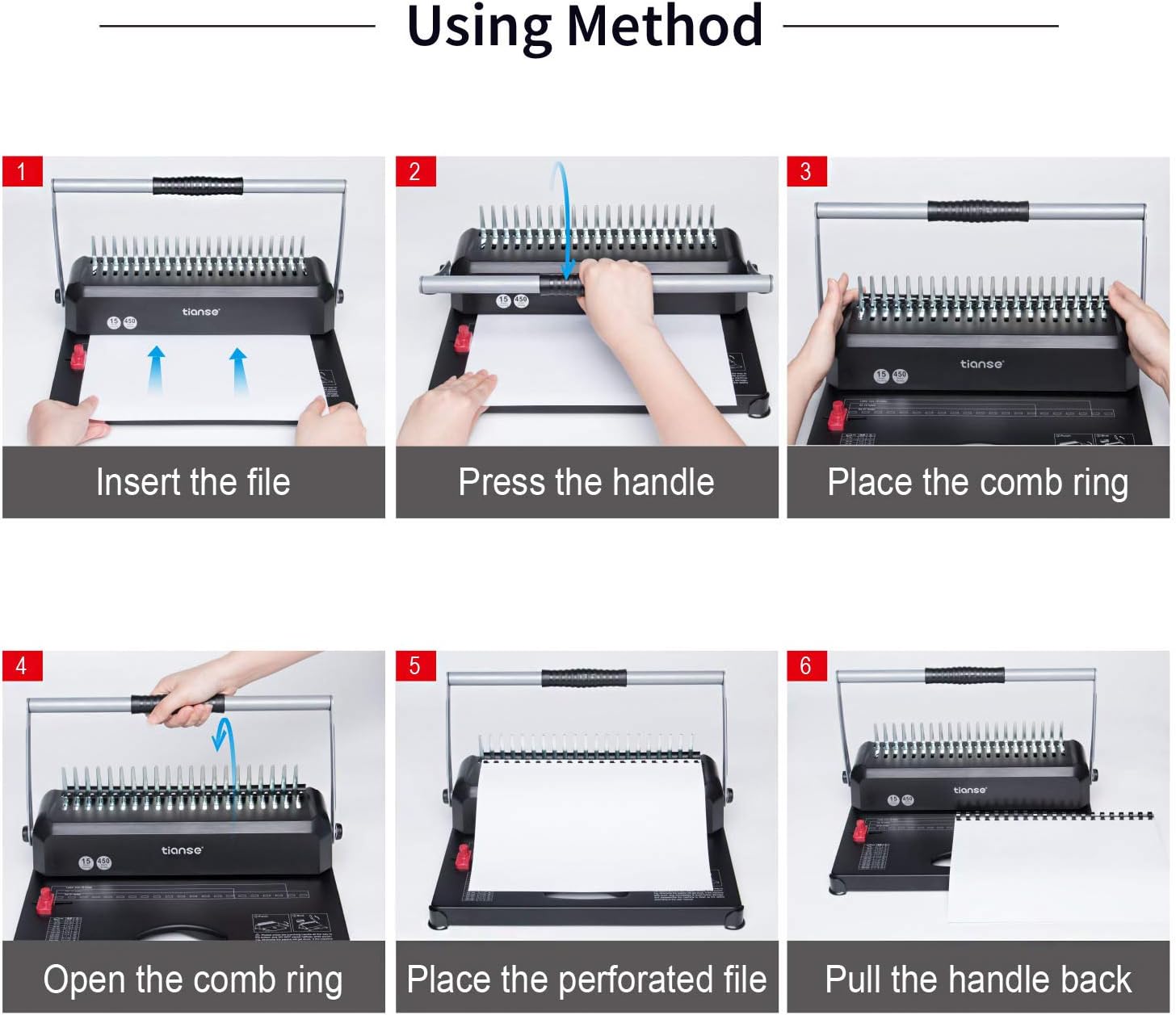 Binding Machine, TIANSE 21-Holes, 450 Sheets, Comb Binding Machine with 100 PCS 3/8'' Comb Binding Spines Starter Kit, Comb Binding Machine for Letter Size, A4, A5 or Smaller Sizes : Office Products