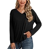 V Neck Long Sleeve T Shirts for Women Basic Drawstring Blouse Tees Elastic Hem Spring Fall Tunic Top 2026 Trendy