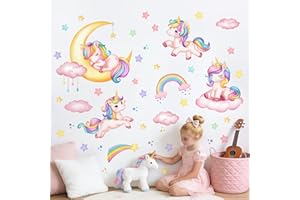Unicorn Rainbow Wall Decals for Girls Room - Cute Unicorn Sleeping on Moon Clouds Stars Vinyl Wall Stickers for KidsBaby Nurs