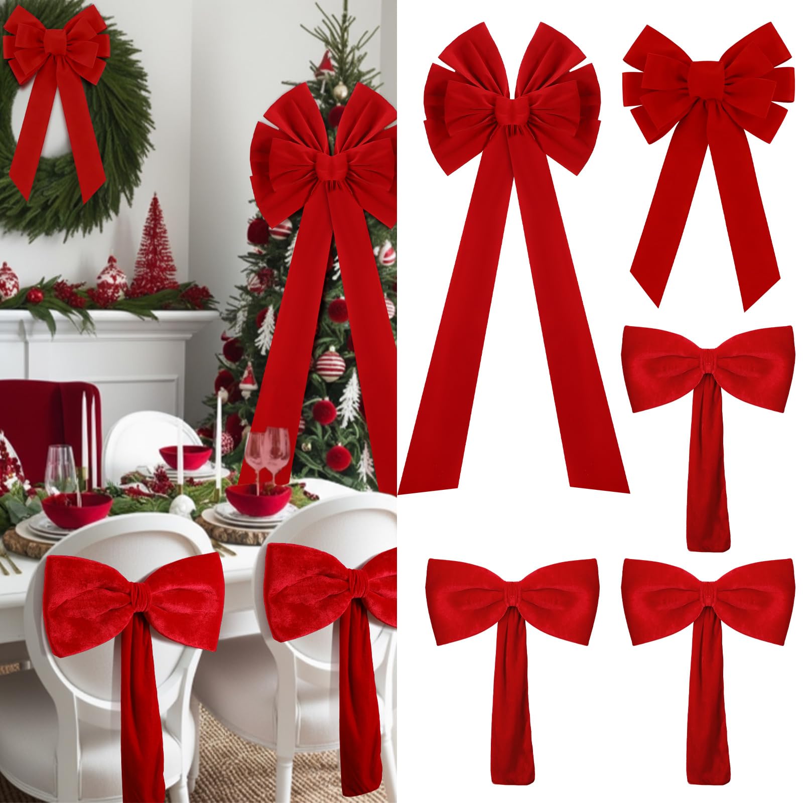 Photo 1 of Janinka 6 Pcs Christmas Red Velvet Bows Decoration Set Include 1 Large Red Bow Tree Topper, 1 Small Wreath Bow and 4 Velvet Chair Bows Sashes Holiday Decor for Christmas Tree, Wreaths, Dining Chairs