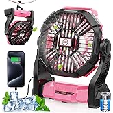Art In Real 30000mAh Rechargeable Camping Fan with LED Lantern,Portable Battery Powered Outdoor Fan for Bedroom,Camping,Travel,Hiking,Beach,Office,Trave Accessories(Pink)
