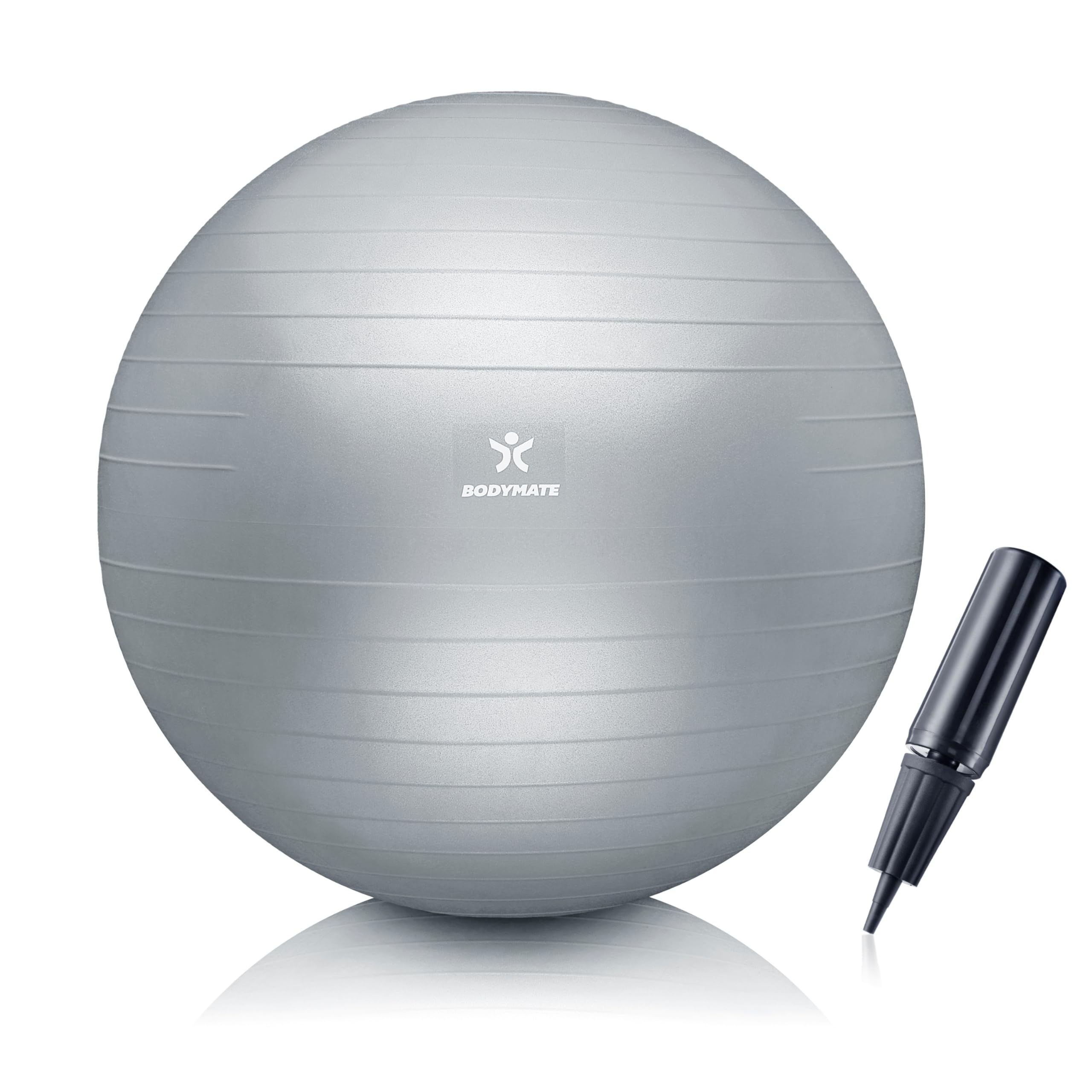 BODYMATE Exercise Ball - E-book with exercise guides included - Gym-quality Swiss balls for fitness, birthing, pregnancy - Air pump included - Anti-Burst - 55cm - Silver — image 1