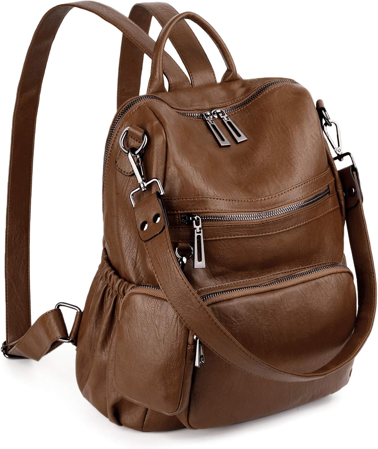UTO Travel Backpack Women Mother Mum Laptop Rucksack School Bag for Teenage Girls Multi Zipper Pocket with Detachable Pouch PU Leather Brown