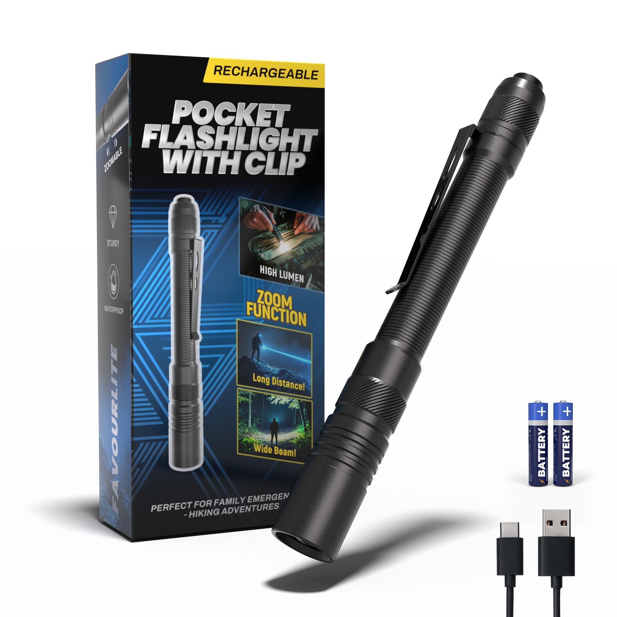 Photo 1 of Rechargeable Pen Light Flashlight, 800LM Zoomable Pocket Flashlights with Clip Dual Modes LED Pen Flashlight Battery Powered Waterproof Bright Flashlights for Outdoor Home Emergencies (1, Black)