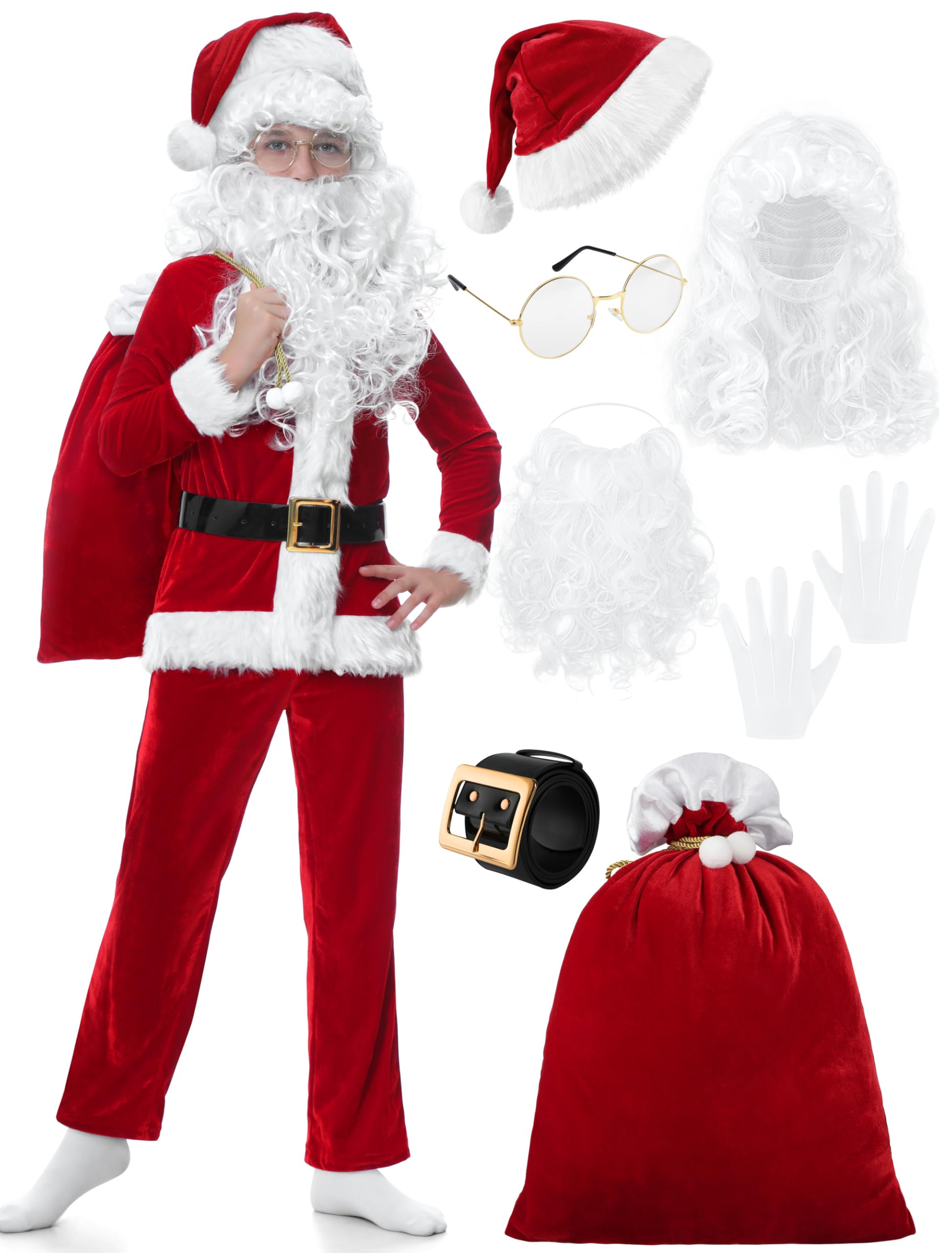 Photo 1 of FancyFun Santa Claus Costume for Kids, 9PCS Boys Christmas Suit Kids Santa Costume Outfit Velvet For Boys Christmas Cosplay, 5-7Years