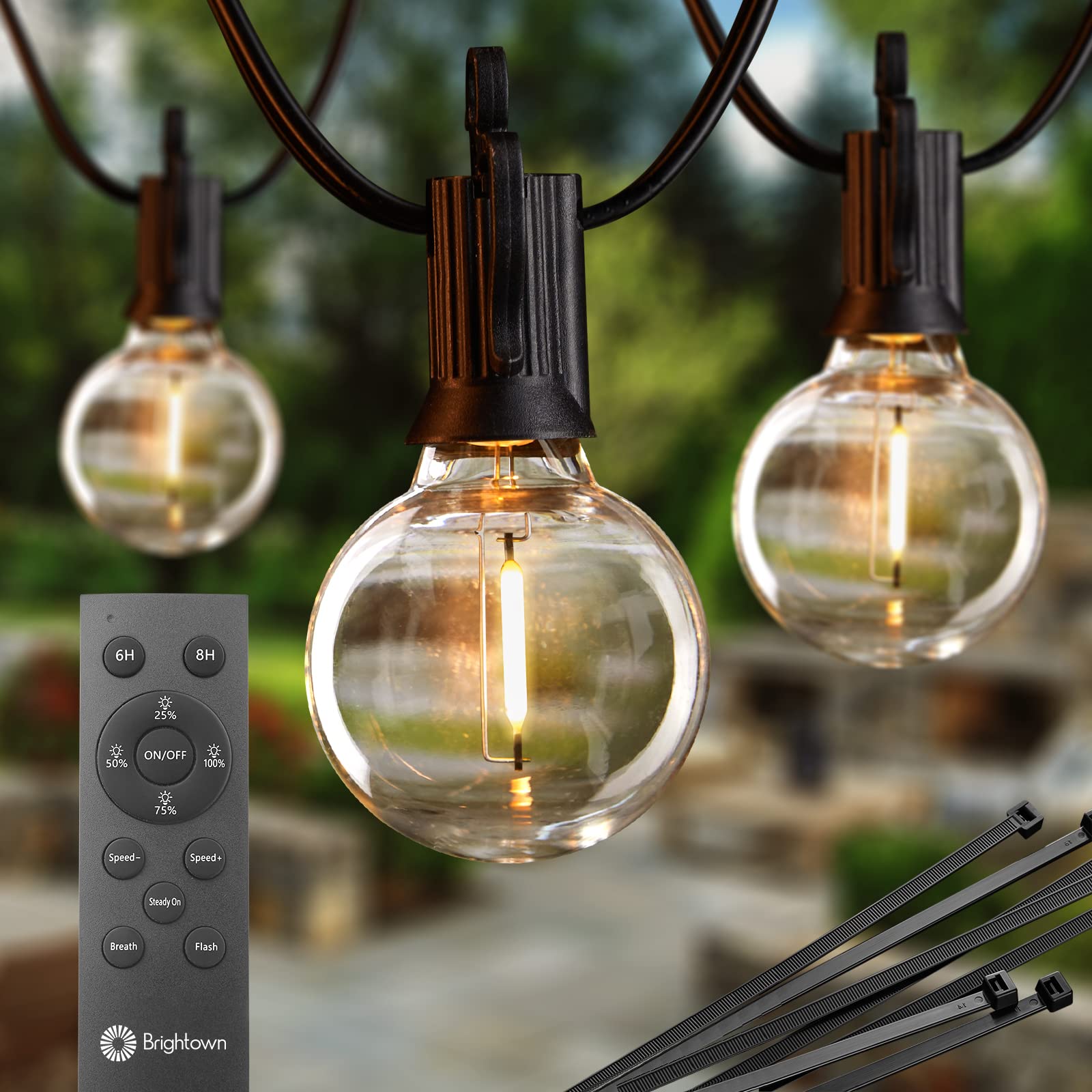 Photo 1 of Outdoor String Lights with Remote and Zip Ties, 58Ft Dimmable Patio Lights with 25 Bulbs, Waterproof Hanging Lights for Porch Backyard Bistro Cafe Market