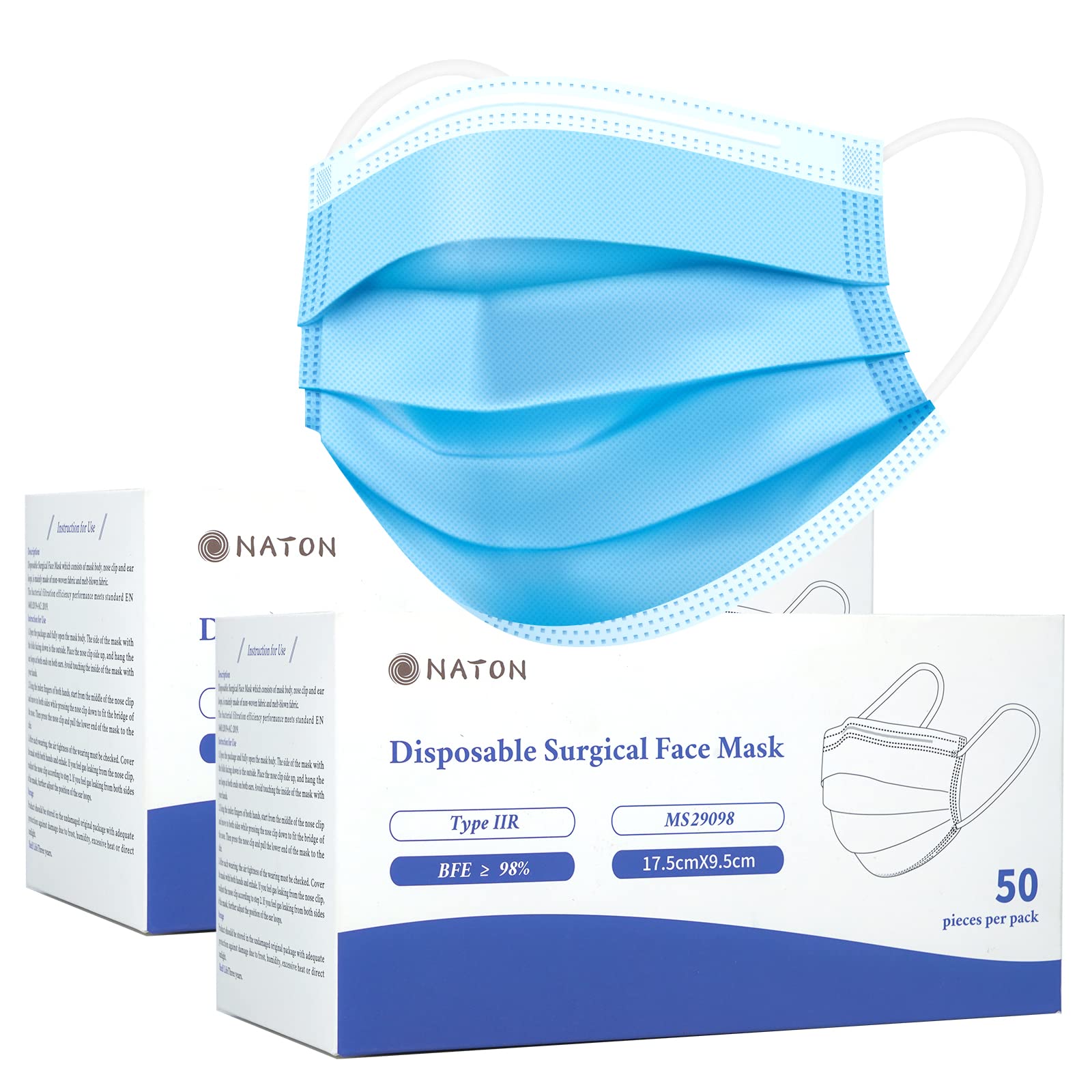NATON 50Pack Surgical Masks,3 Layer Disposable Face Masks|Mask with Elastic Ear Loops (Blue)