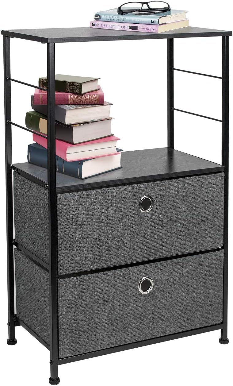 Sorbus Nightstand 2-Drawer Shelf Storage - Bedside Furniture & Accent End Table Chest for Home, Bedroom, Office, College Dorm, Steel Frame, Wood Top, Easy Pull Fabric Bins (Black/Charcoal): Kitchen & Dining