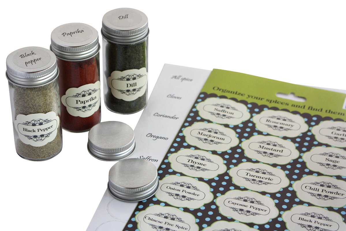 2 Sets of Pre-Printed Spices Stickers for Jar Container and Lids Plus Blank Labels for DIY - 92 Pack by Royal Green