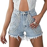 Women's Sparkly Rhinestone Fringe Denim Shorts Y2k High Waisted Cut Off Jeans Shorts Trendy Streetwear