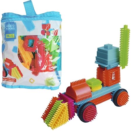 Unbekannt SEEKO Blocks 50 Stück, verschiedene Formen in Aufbewahrungstasche - Kunststoff Bausteine Bauklötze Konstruktions Mo