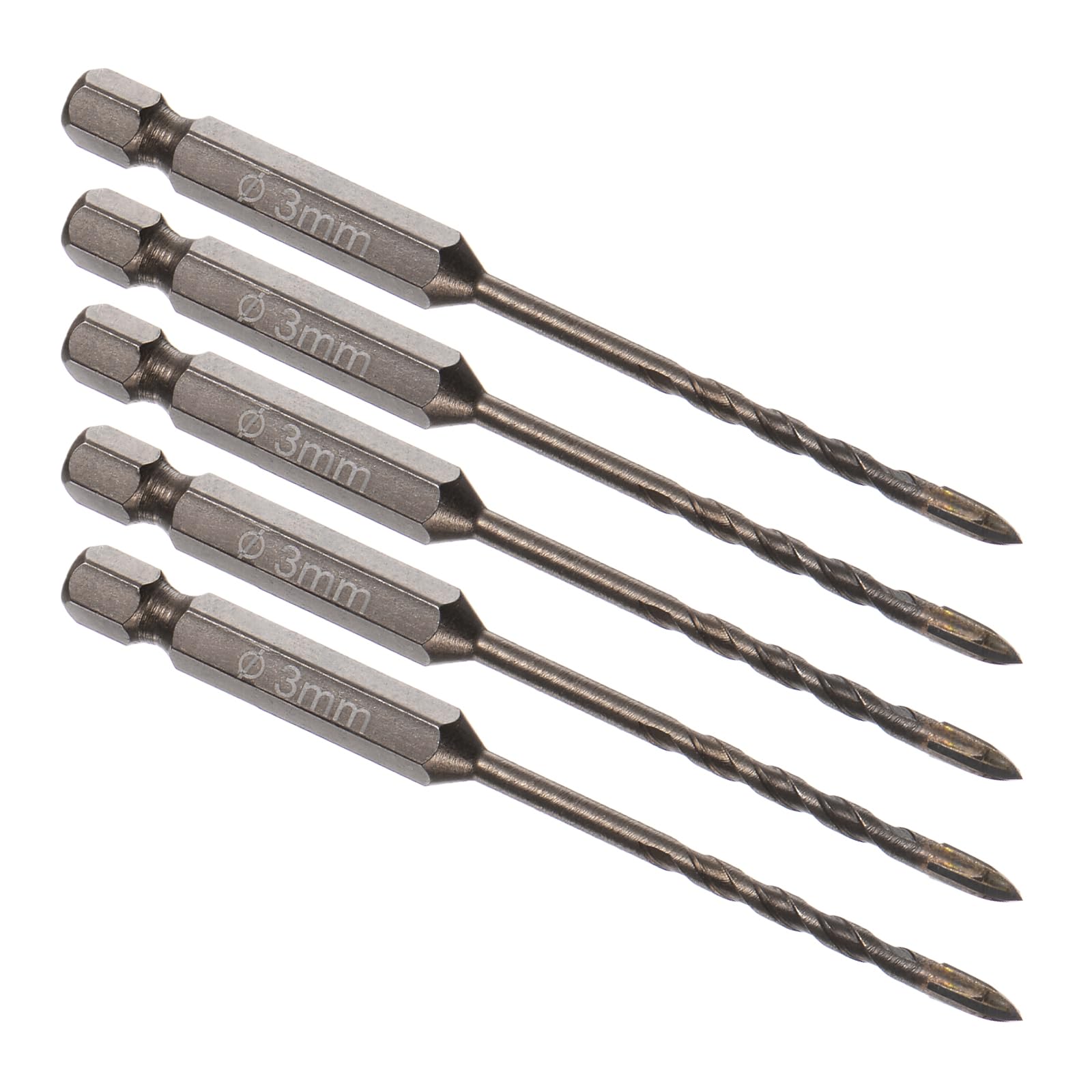Kozelo 5pcs Masonry Drill Bit Set - [ 3mm ] Concrete Drill Bit Set for Brick/Glass/Plastic/Ceramic Tile Use, 1/4" Hex Shank, Carbide, High Speed Steel
