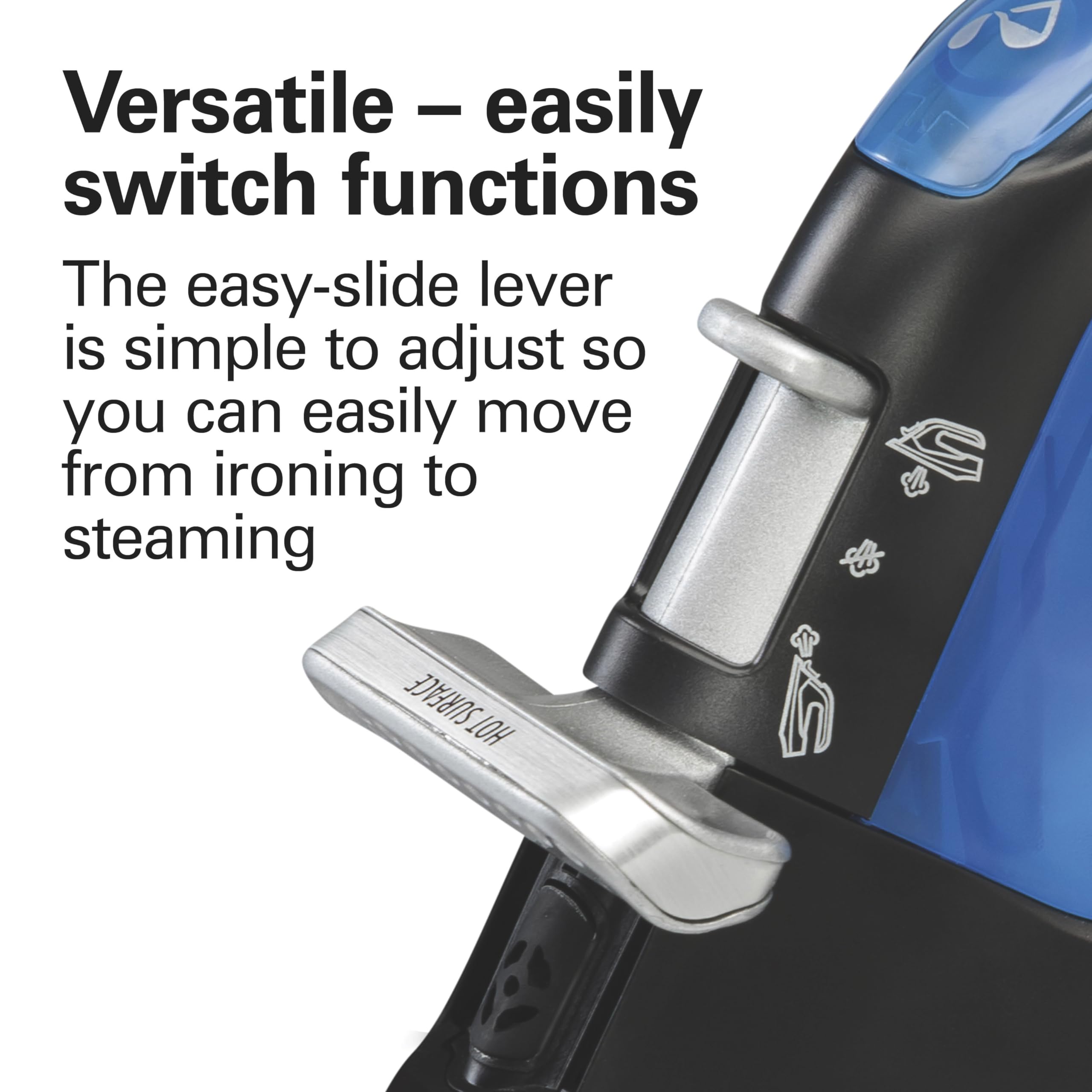 Hamilton Beach 2-in-1 Steam Iron for Clothes and Garment Steamer with 5 Temperature Settings, Nonstick Soleplate, 1200 Watts, 8’ Cord, Black & Blue (14525F)