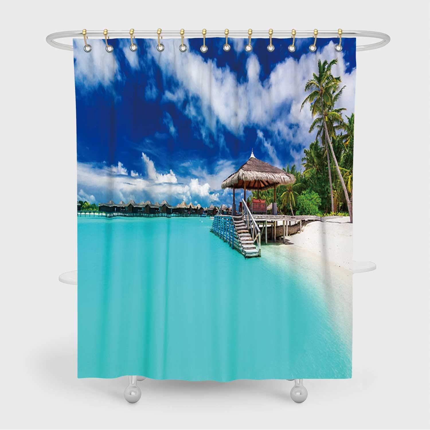 AIOXY Jetty and Palm Trees with Fabric Shower Curtain into