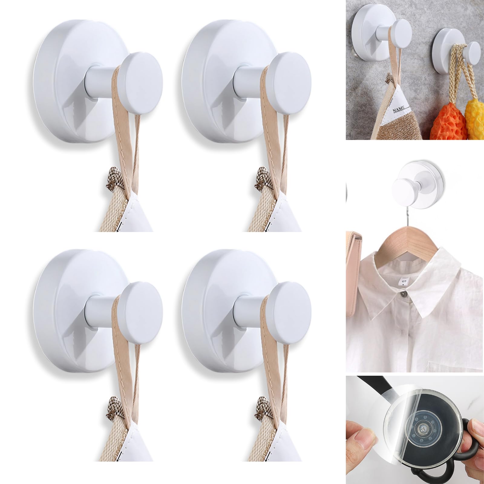 Boxonly No-Drill Suction Hooks, Stainless Steel Waterproof Hooks for Bathroom, Shower, Kitchen, and Mirrors – Heavy Duty Towel Holders (Multipack, White)