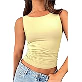 ForeFair Boat Neck Tank Tops for Women - Double Lined Going Out Top Basic Summer Cute Ruched