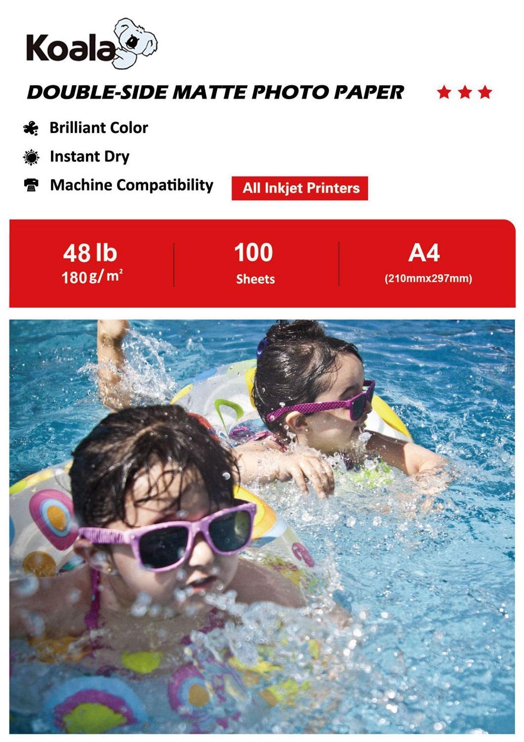 KOALA Double Sided Matte Inkjet Photo Paper A4, 180gsm, 100 Sheets for Inkjet Printers. Suitable for Printing Photos, Brochures, Covers, Certificates, Booklets, Flyers, Leaflets, Cards, Calendars