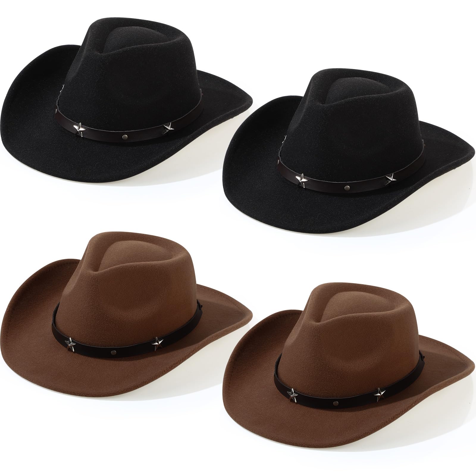 Photo 1 of Mumufy 4 Pcs Classic Western Cowboy Hat Men Felt Wide Brim Cowgirl Hats Women Belt Buckle Cap for Adults (Black,Coffee)