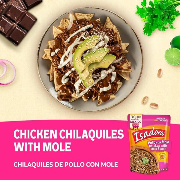 ISADORA FULLY COOKED POLLO CON MOLE 15 OZ POUCH, READY-TO-EAT MICROWAVE MEAL, SEASONED SHREDDED CHICKEN, GLUTEN FREE, AUTHENTIC MEXICAN INGREDIENTS, SHELF STABLE MEAT