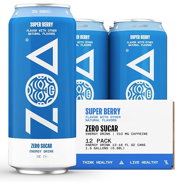 ZOA ZERO SUGAR ENERGY DRINKS, SUPER BERRY – SUGAR FREE WITH ELECTROLYTES, HEALTHY VITAMIN C, AMINO ACIDS, ESSENTIAL B-VITAMINS, AND CAFFEINE FROM GREEN TEA – 16 FL OZ (12-PACK)