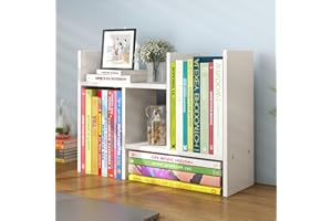 YSJILIDE JLD Wood Adjustable 5-Shelf Desktop Bookshelf, Expandable Office Storage Rack, White
