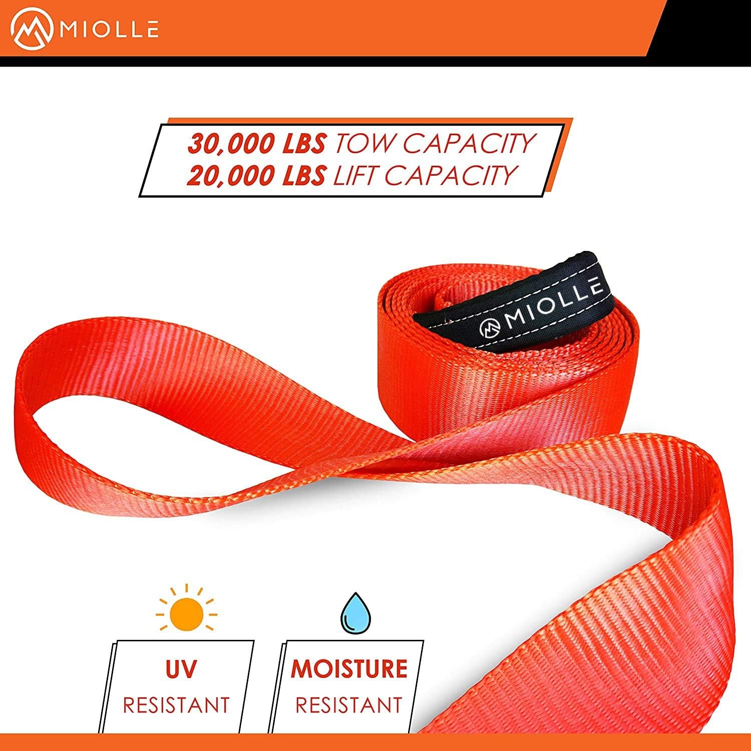Miolle Tow Strap 3”x20’ (30000lb) with Loops and D-Hook Shackles - Recovery Rope Heavy Duty - Towing Straps - Snatch Ropes for Truck and Car: Automotive