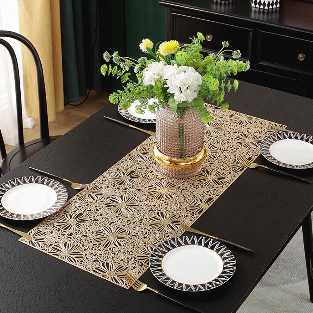 Hosoncovy Hollow Table Runner Non-slip Decorative PVC Table Mats Placemat Protective Heat Resistant Mats for Home Party Kitchen Dining Wedding Decor (91CM X 33CM) (Gold)