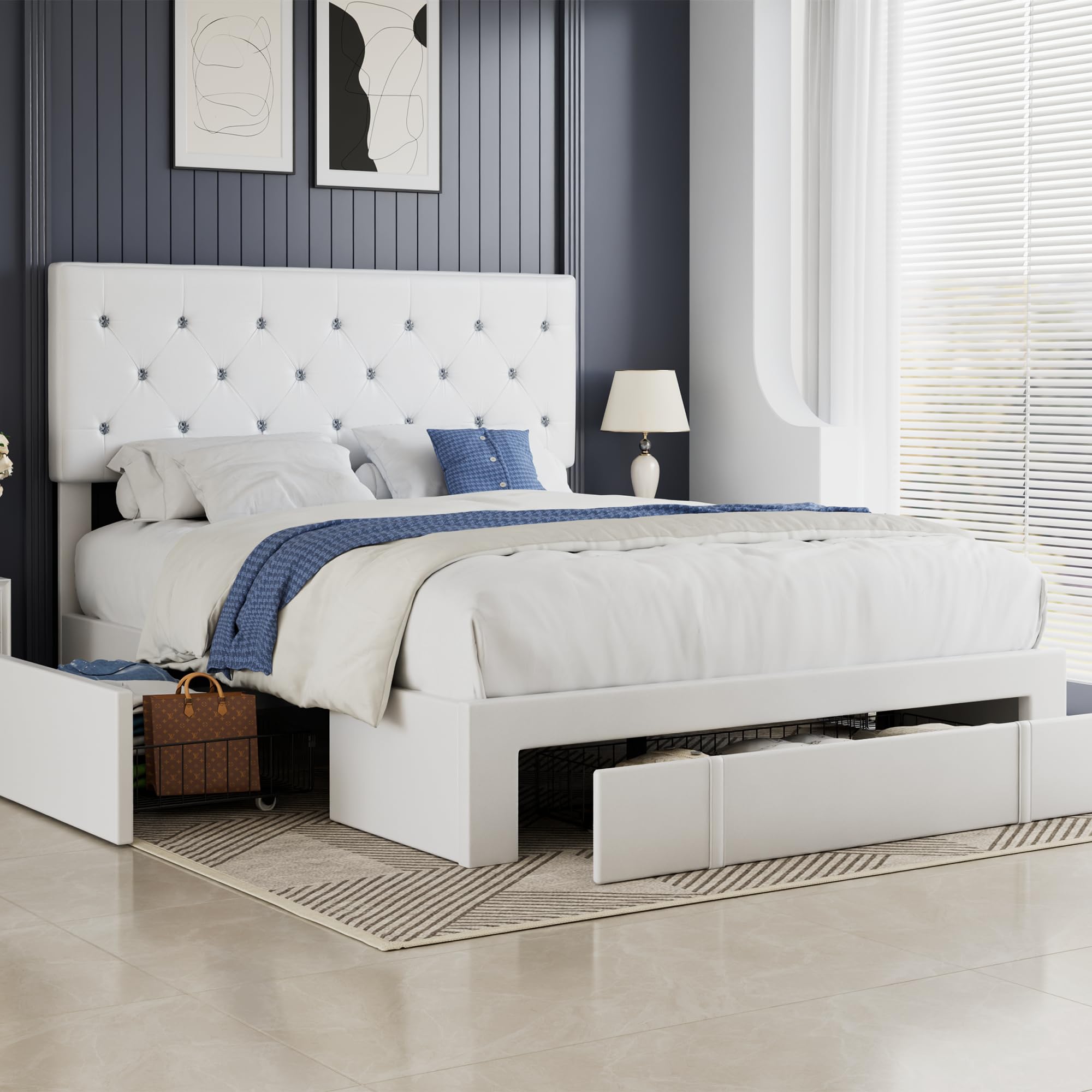 Photo 1 of VECELO Full Size Bed Frame with 3 Storage Drawers, Leather Upholstered with Diamond Tufted Headboard, Solid Wood Slat Support, No Box Spring Needed, PU & White