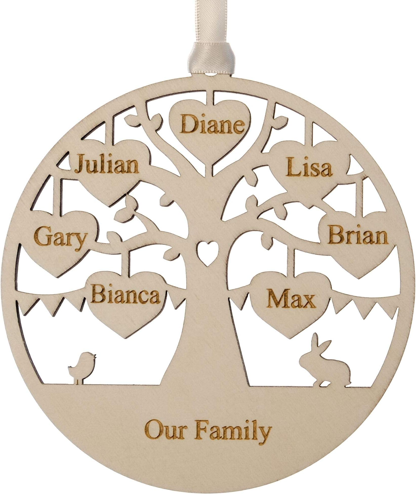 Alphabet barn Family Tree Gift Plaque Present Idea Engraved Wood Momento for Mum Husband Wife for Mum Dad Husband Wife Friend (7 names/hearts)