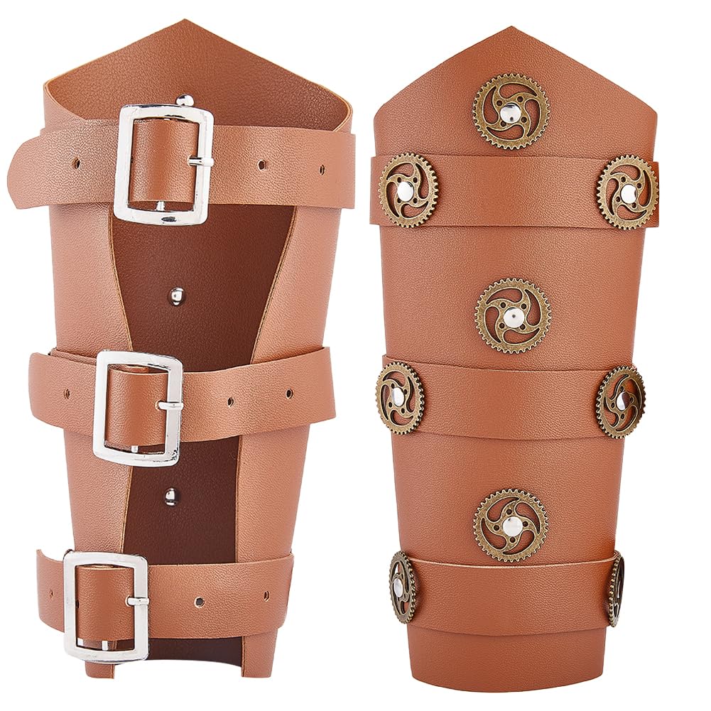 GORGECRAFT 2PCS Buckle Leather Archery Bracers Medieval Leather Gauntlet Wristband Gears Decoration PU Leather Arm Guards Adjustable Arm Armor Cuff with Buckle Strap for Adult Cosplay Costumes, Camel