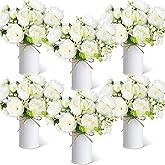 Solsew 6 Sets Artificial Peonies Flower Peony Bouquet with Galvanized Metal Pot Silk Fake Peonies Faux Flower Arrangements for Wedding Table Centerpiece Party Home Room (White)