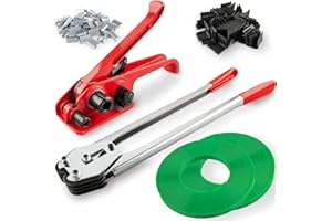 NROBOO Pallet Packaging Banding Strapping Kit with Heavy Duty Strapping Tensioner Tool, Banding Sealer Tool, 5/8" x 200' Polyester (PET) Strapping Roll, 100 Metal Seals, 100 Plastic Packaging Corner(Red)
