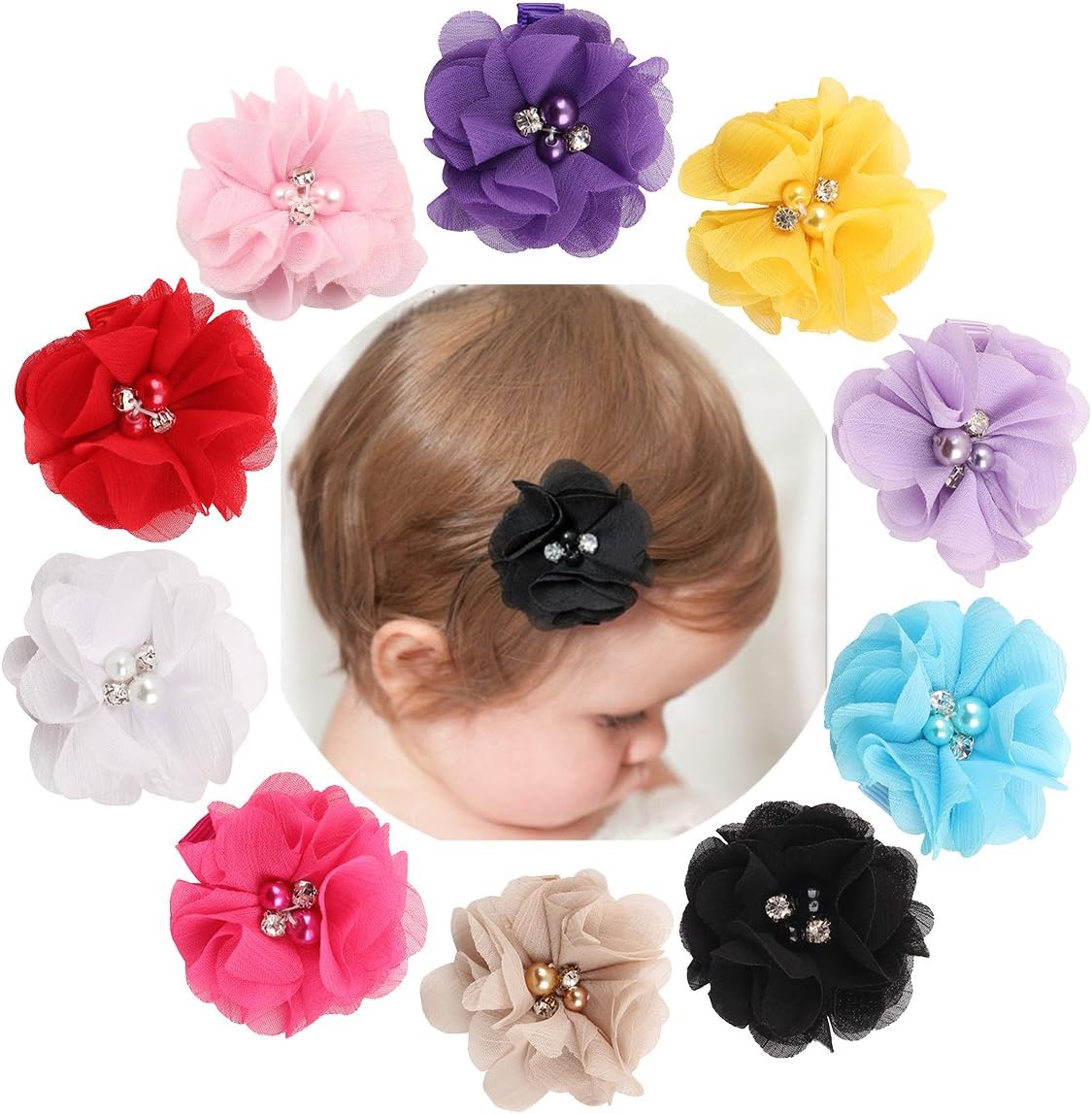 Miaoo 10PCS Chiffon Flowers Rhinestones Pearls Baby Hair Bows Clips for Girls Babies Toddlers