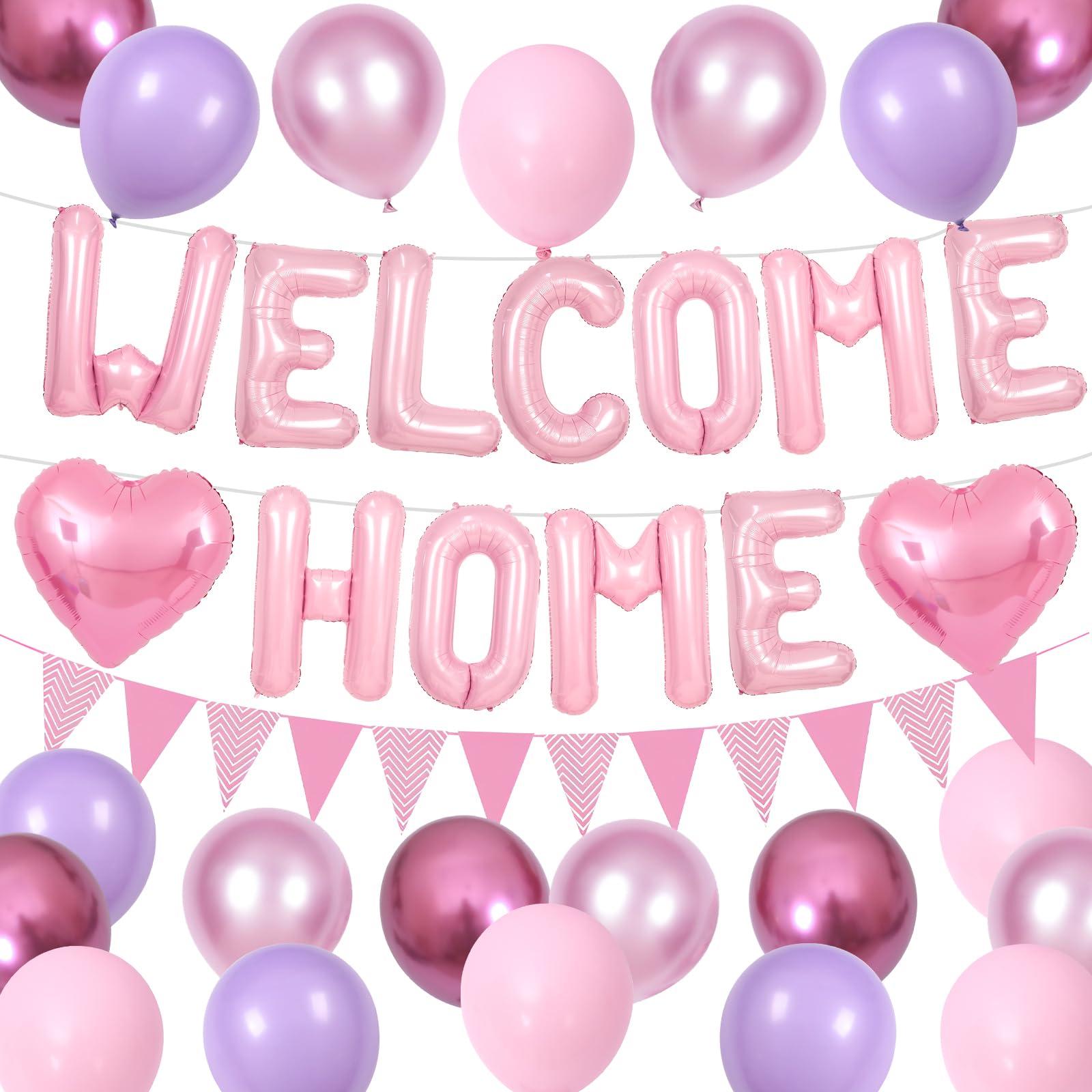 Welcome Home Decorations Pink,Welcome Home Foil Balloon Banner with Pink Heart Balloons Pennant Flag Bunting for Housewarming Baby Shower Family Party Supplies