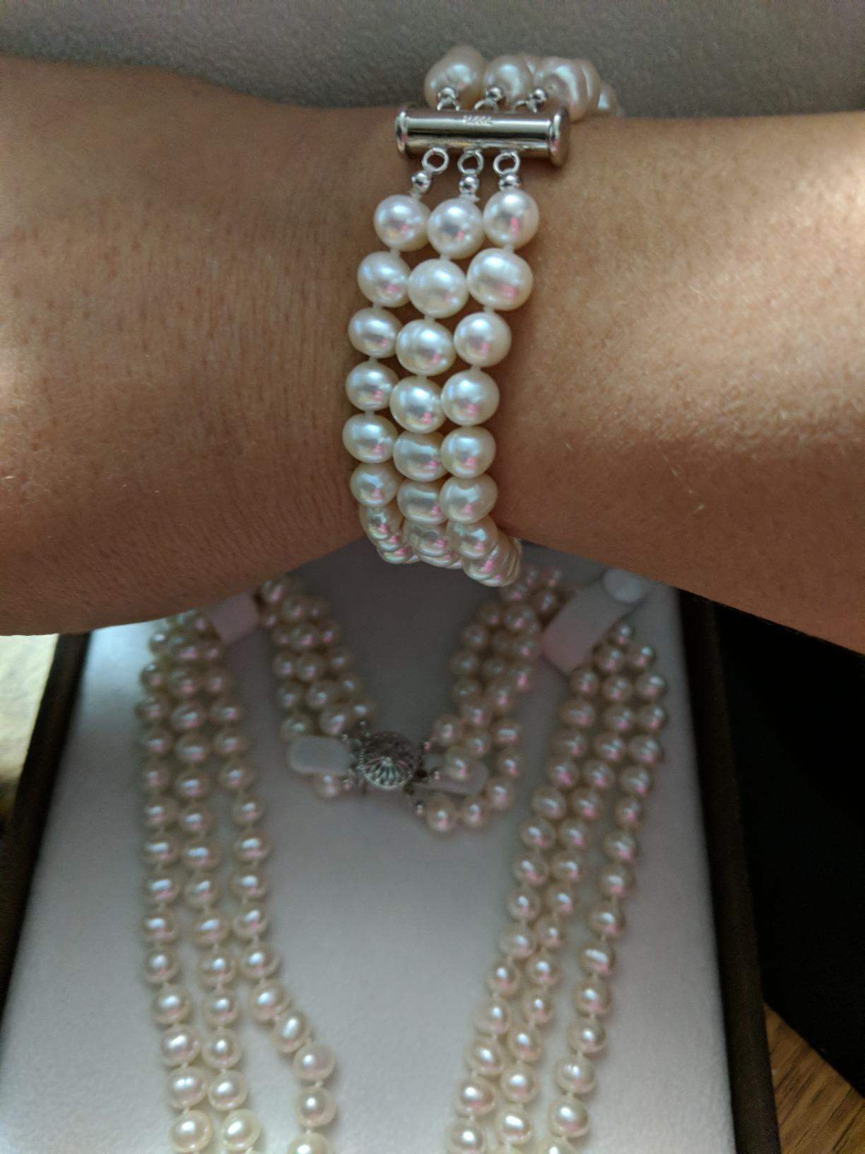 Customer review image for 3-row White A Grade Freshwater Cultured Pearl Necklace (7.5-8.0 mm), 16.5", 17"/18"