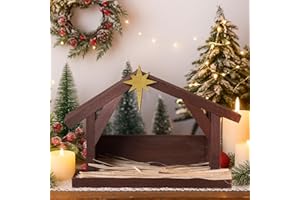 Yaomiao Christmas Wooden Nativity Manger Small Wood Nativity Scene with Roof Star 9.4 x 6.3 Inch Scale Holy Family Wooden Stable Creche Home Desk Decor