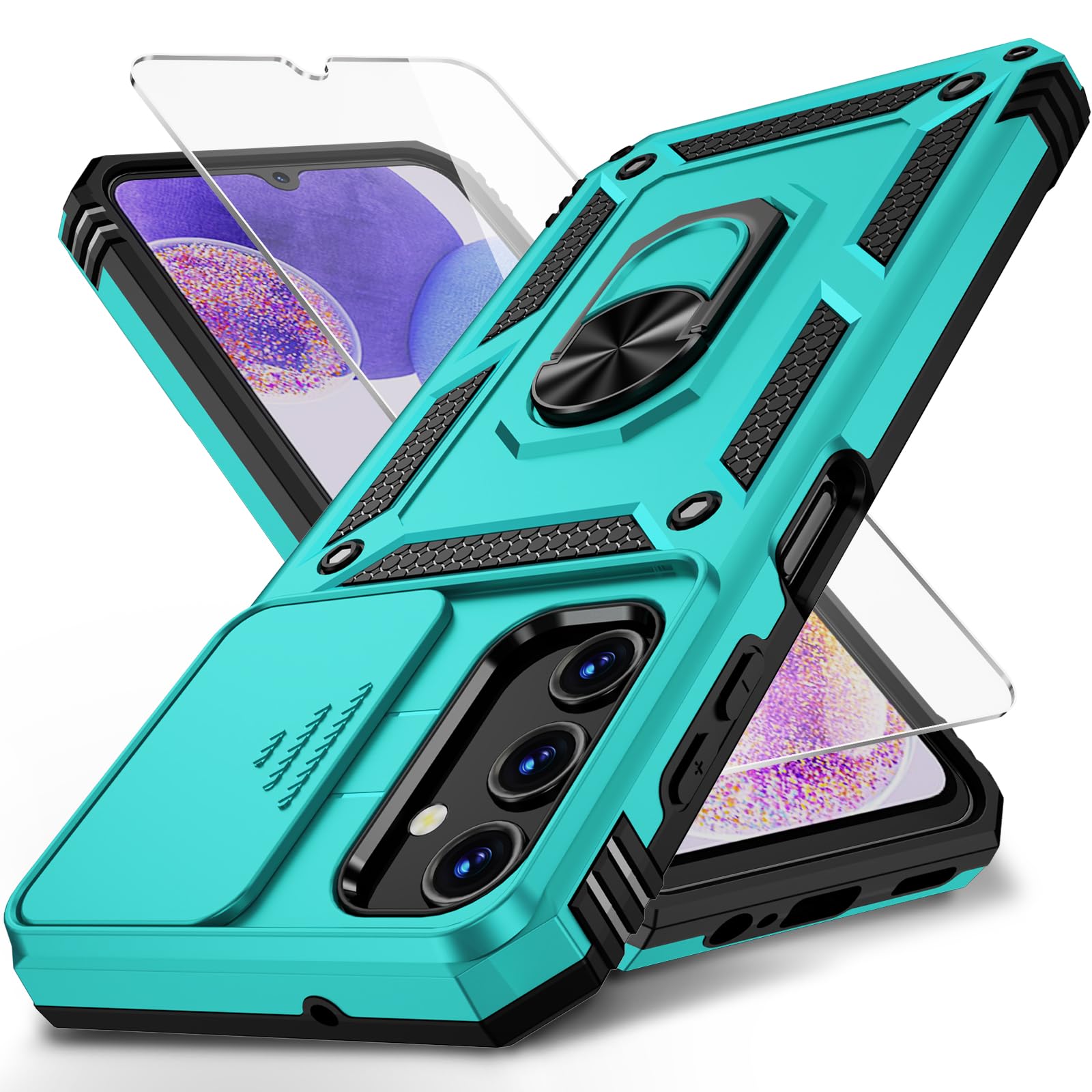 Vinve for Samsung Galaxy A13 5G Case, Slide Camera Cover，HD Screen Protector, Military Grade Magnetic Ring Holder Shockproof Kickstand Protective Case, Ice Green