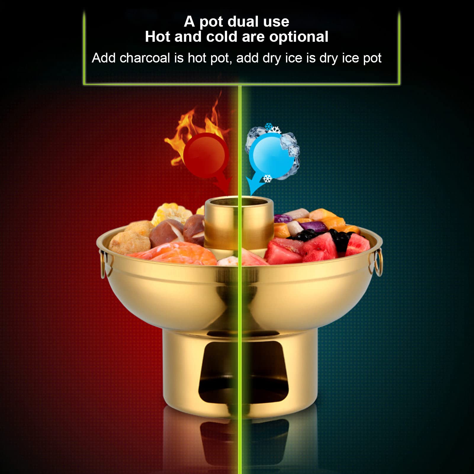 Old Beijing Chinese Copper, Stainless Steel Dry Ice Chinese Charcoal Hotpot, Round Shabu Shabu Pot, for Milk Tea Outdoor Cooker Buffets Weddings Parties (Gold)