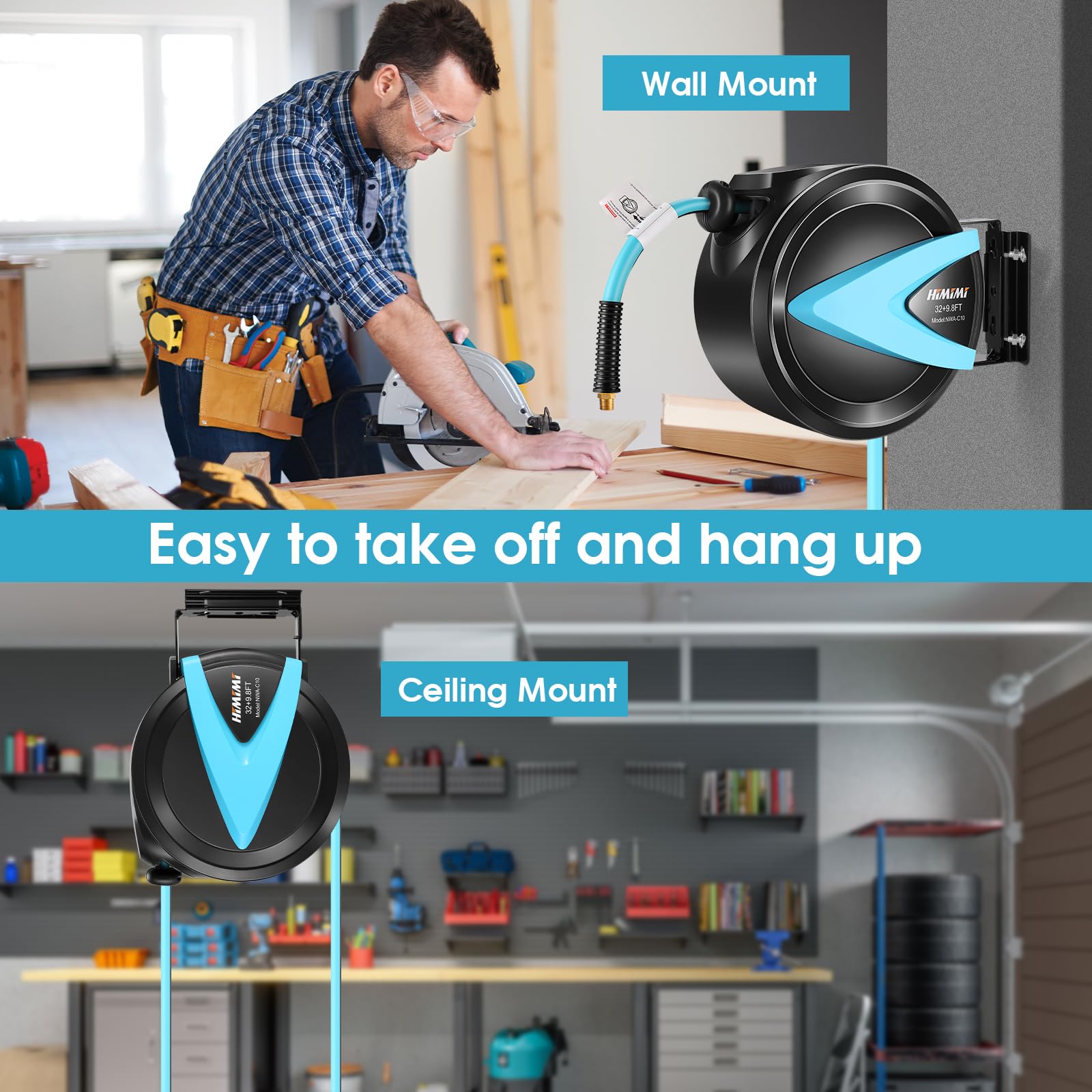 32FT + 9.8FT Retractable Air Hose Reel, Ceiling/Wall Mount Penumatic
