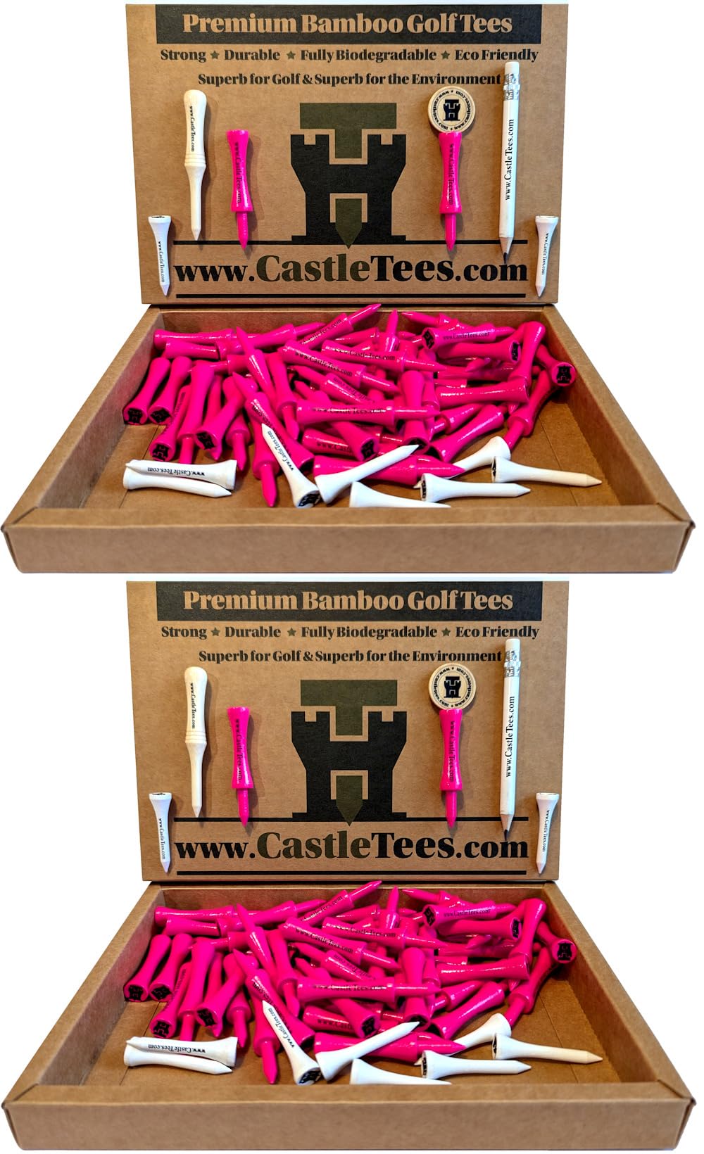 Castle Tees Official Pink 2 Pack – 100 pcs x 60mm 2 1⁄3 inch Premium Bamboo Golf Tees Free Pitch Repair Tool, Ball Marker & Pencil. Twice the strength of regular bamboo very strong Great Golf Gift.