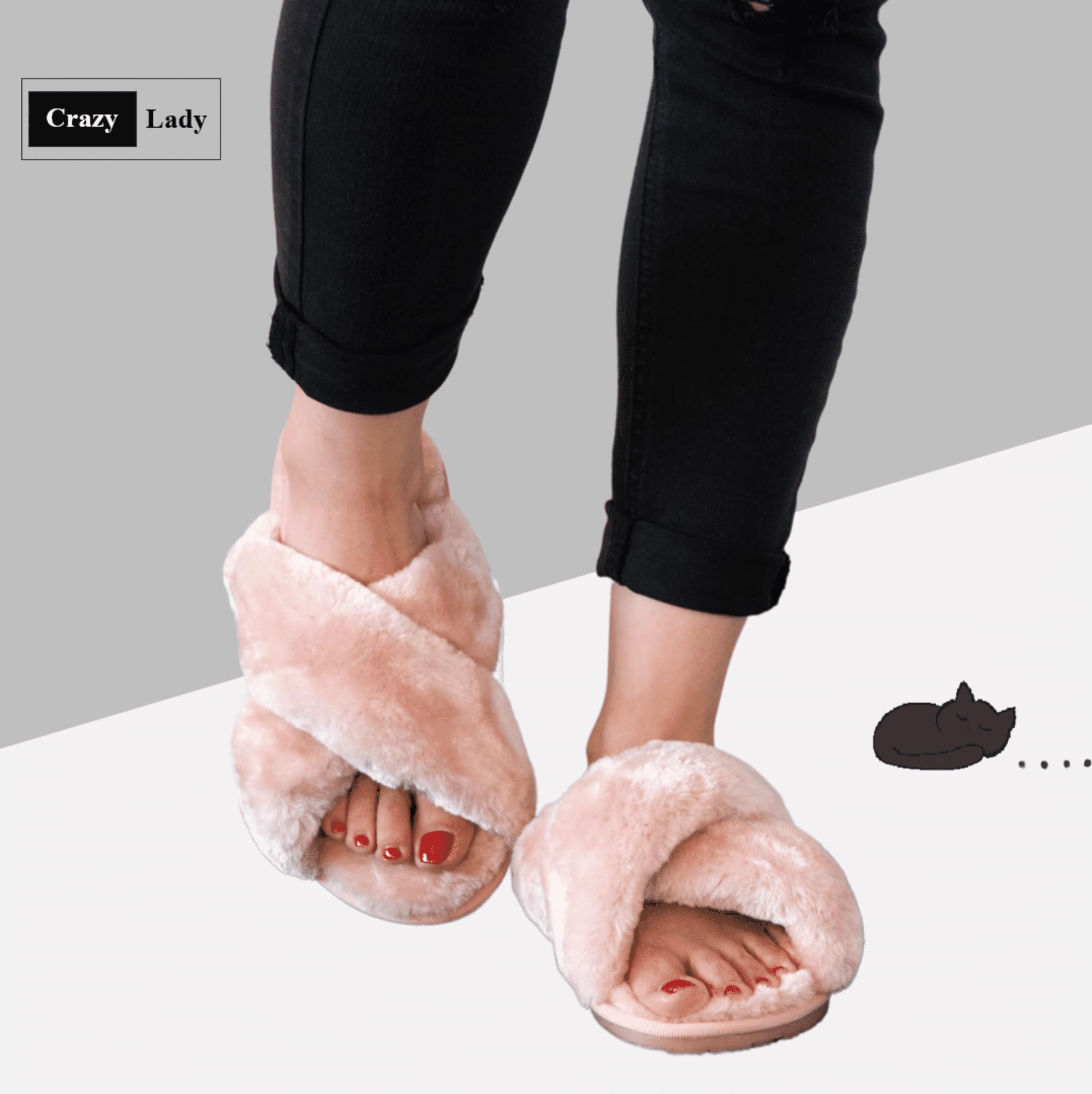 Crazy Lady Women's Fuzzy Fluffy House Slippers Cute Plush Memory Foam Shoes Cross Band Indoor Outdoor Open Toe Sandals