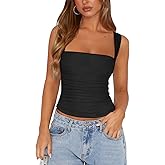 Womens Square Neck Tank Top Mesh Side Ruched Double Lined Y2k Trendy Going Out Tops Summer Basics Clothes