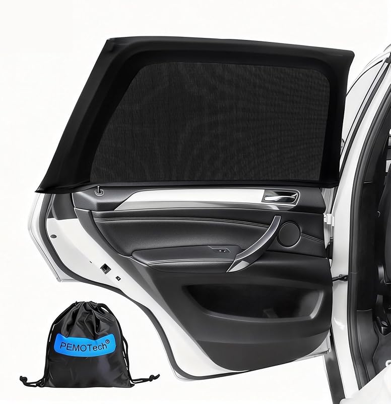 Cortina solar para carro de bebé, 2 unidades para vidros laterais traseiros, tecido elástico duplo respirável, proteção UV e rede mosquiteira, preto