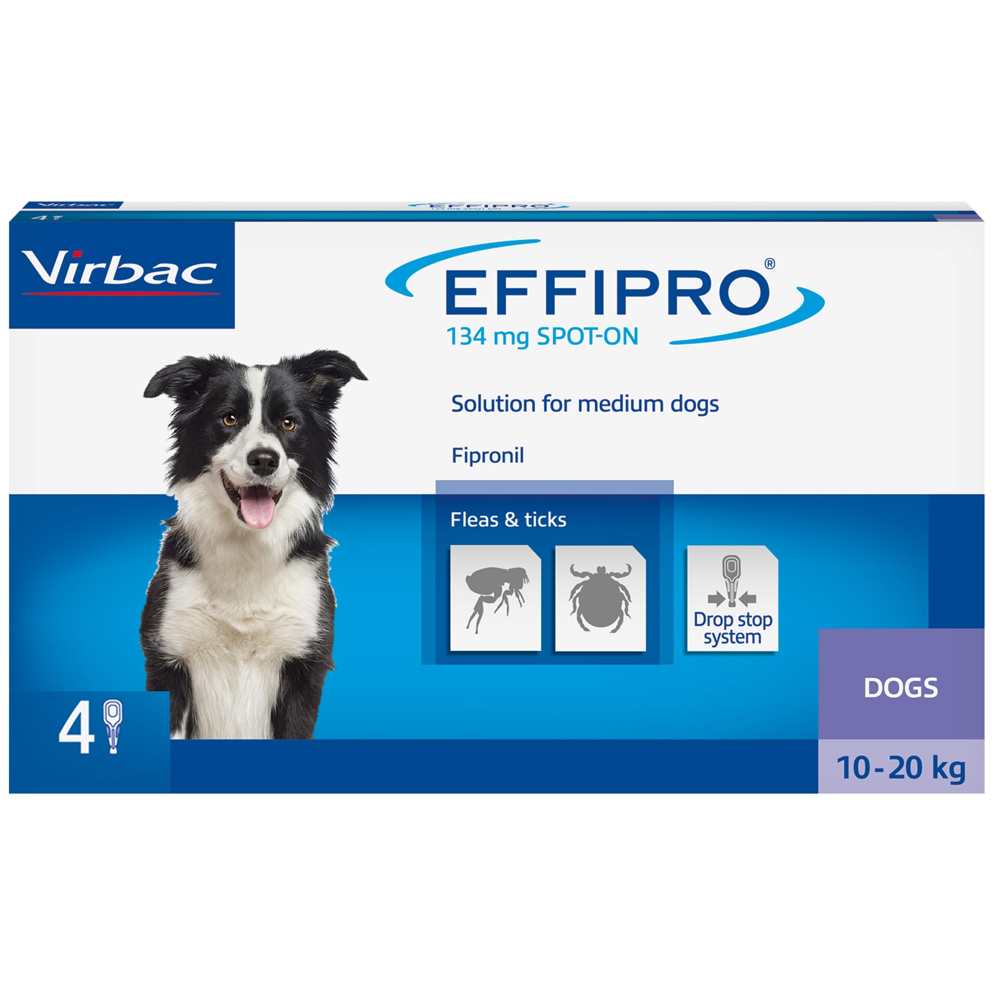 Effipro Flea & Tick Spot-On for Medium Dogs 10-20kg Fast-Acting 4 Pipettes, Vet-Strength Formula Easy to Apply Drop-Lock Pipette Kills Fleas & Ticks