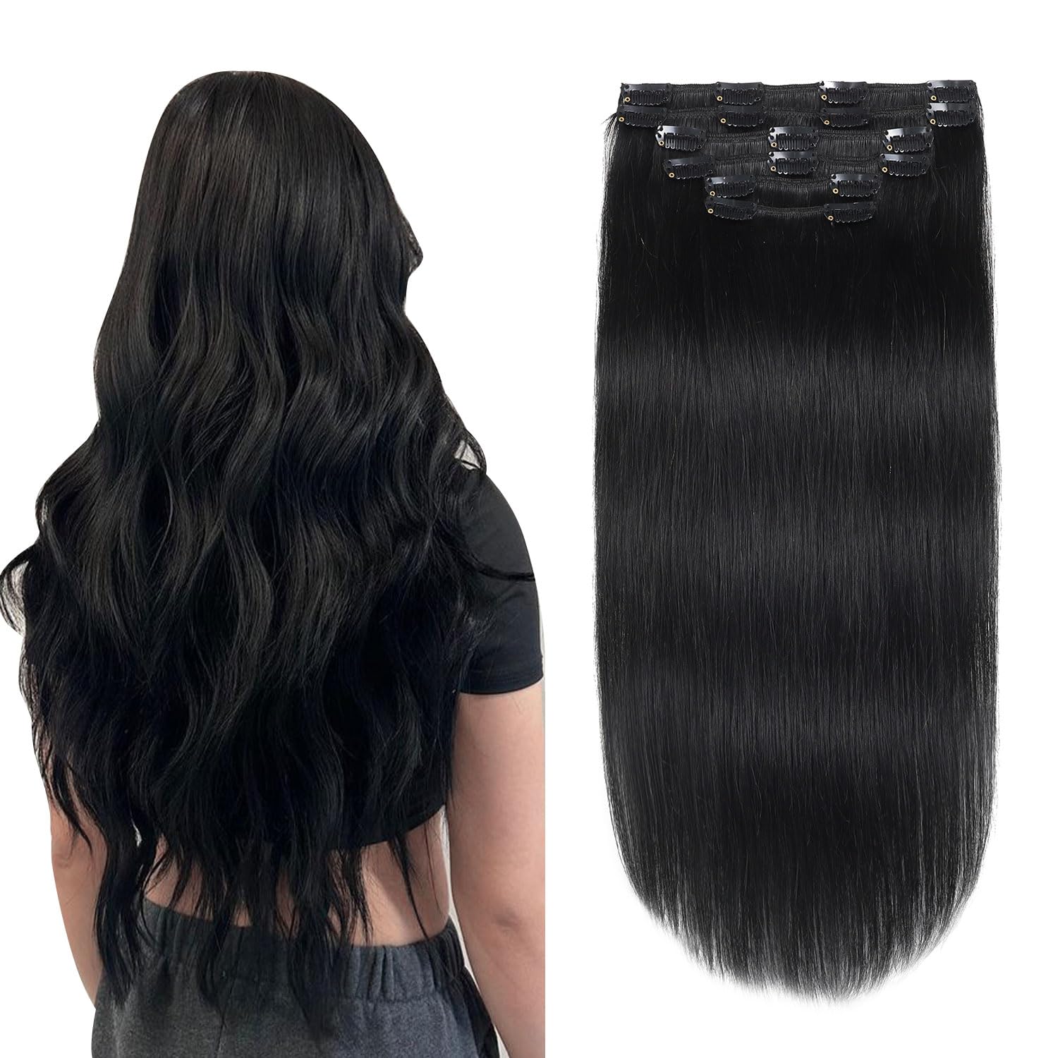 XDhair Clip in Hair Extensions Real Human Hair 120g 6pcs 20Inch Jet Black Silky Straight Thick Hair Extensions Clip in #1 20inch