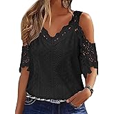 Flamingals Women's Cold Shoulder Eyelet Short Sleeve Hollow Out Lace Floral Sleeveless Blouse Top