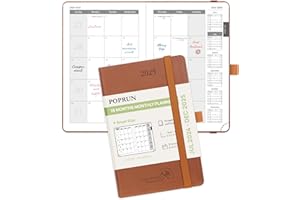 POPRUN Monthly Planner 2024-2025 - 18 Month Calendar Book for Purse (Jul.2024 - Dec.2025), Pocket Size (4''x 6.25'') Soft Leather Cover, 100 GSM Thick Paper - Brown