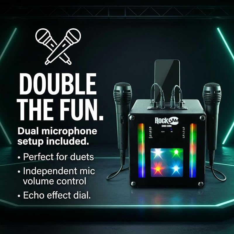 Singcube - Máquina de Karaoke Bluetooth recarregável de 5 watts com dois microfones, efeitos de alteração de voz e luzes LED, cor preta
