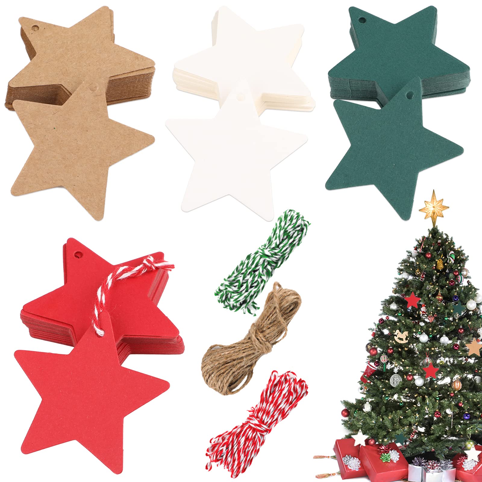 160 Pcs Brown Kraft Paper Star Gift Tags with String - Xmas Present Tags, Christmas Labels & Stickers for Gift Wrapping & DIY Crafts