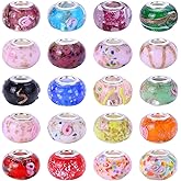 Victlov 50 Pieces European Large Hole Spacer Beads,Lot Floral Mixed Colors Murano Glass Charm Lampwork Beads Silver Color Core for Jewelry Making